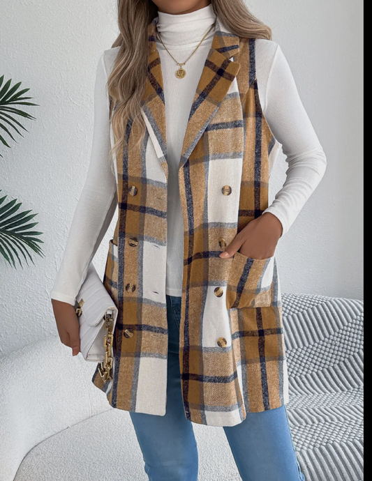 Autumn Winter Plaid Breasted Woolen Long Vest Coat