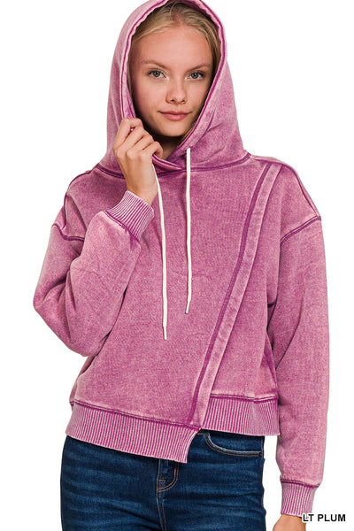 Zenana ACID WASH ASYMMETRICAL DETAILED FLEECE HOODIE