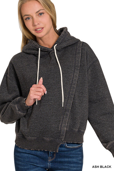Zenana ACID WASH ASYMMETRICAL DETAILED FLEECE HOODIE