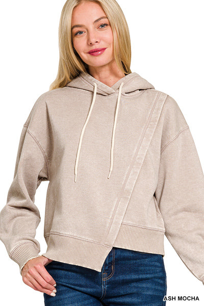 Zenana ACID WASH ASYMMETRICAL DETAILED FLEECE HOODIE