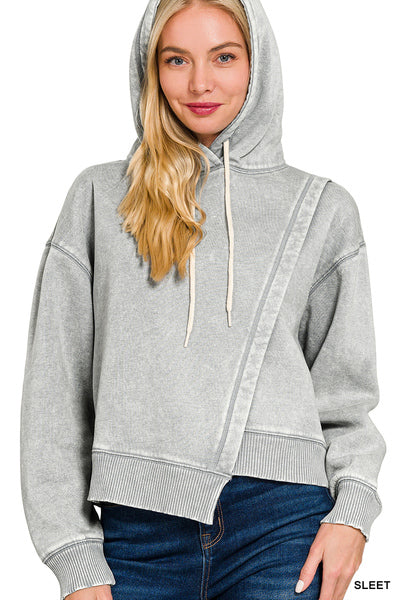 Zenana ACID WASH ASYMMETRICAL DETAILED FLEECE HOODIE