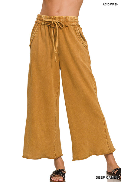 Zenana Washed French Terry Palazzo w/Pockets Deep Camel