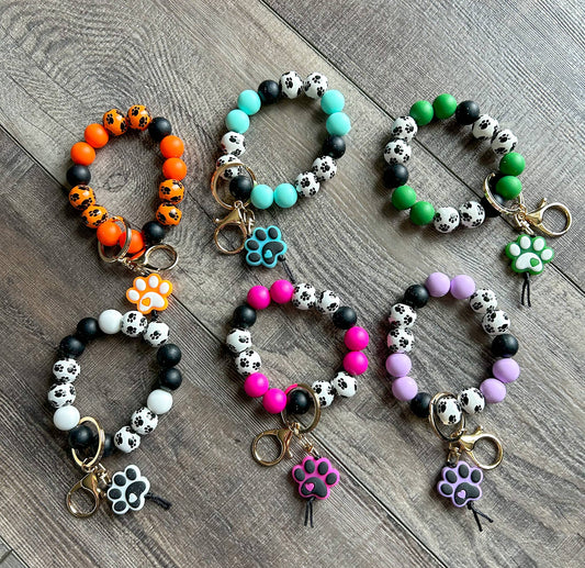 Paw Print Silicone and Wooden Bead Wristlet Keychain