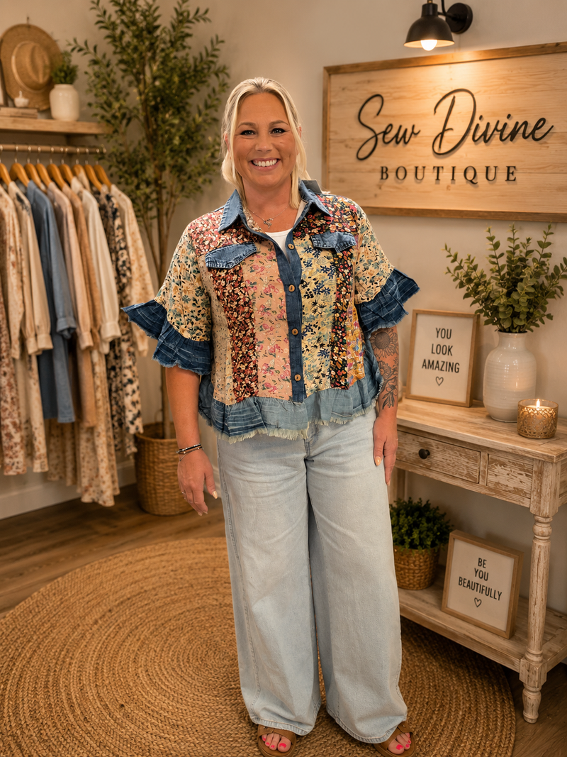 Young Threads Patchwork & Denim Button Front Shirt – Sew Divine Boutique