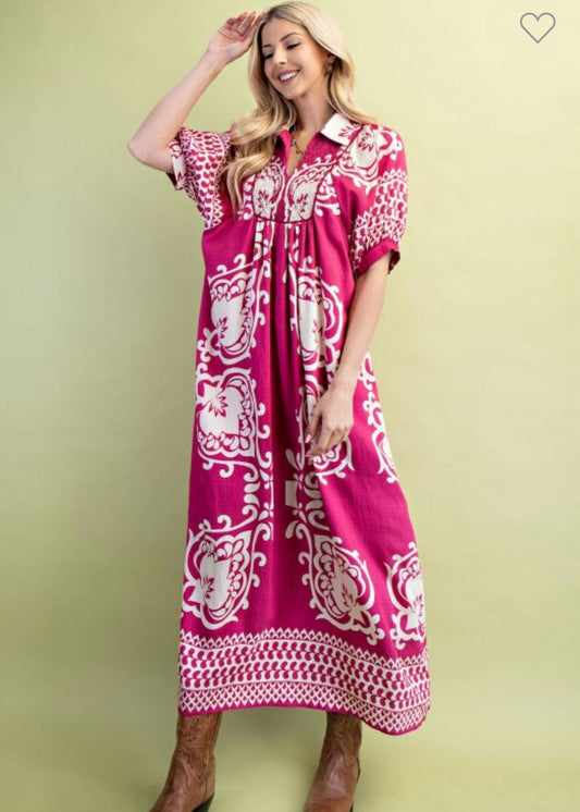 Gigio Print Short puff Sleeve  Midi Dress