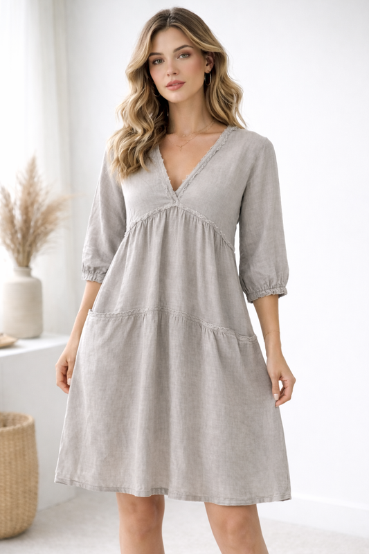 Liabella Tiered Boho Linen Dress in Taupe
